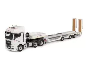 Marketplace : MAN TGX GX 6x4 avec porte-engin surbaissé 3 essieux GOLDHOFER couleur EUROVIA - Conrad - 1:50