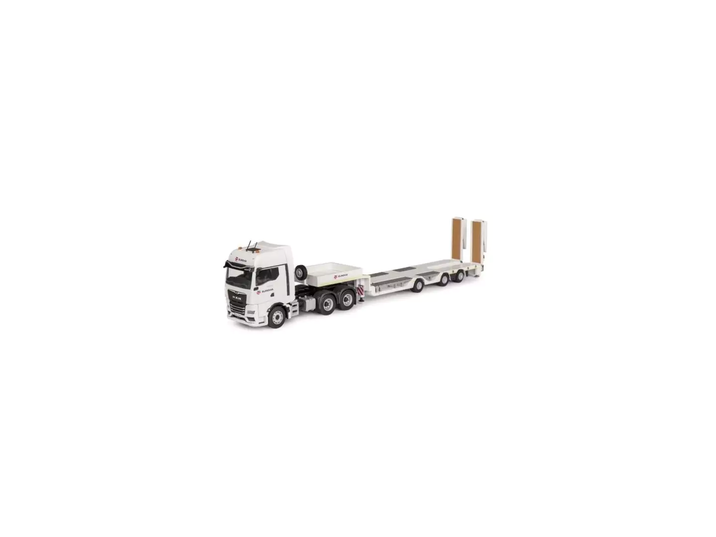 Marketplace : MAN TGX GX 6x4 avec porte-engin surbaissé 3 essieux GOLDHOFER couleur EUROVIA - Conrad - 1:50