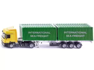 Marketplace : MERCEDES BENZ Actros 4x2 avec semi 3 essieux porte container et 2 containers 20 pieds. - Siku - 1:50