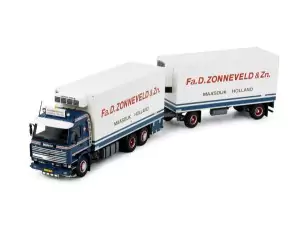 Marketplace : SCANIA 143 porteur 6x2 porteur frigo avec remorque 1+1 essieux D.ZONNEVELD - Tekno - 1:50