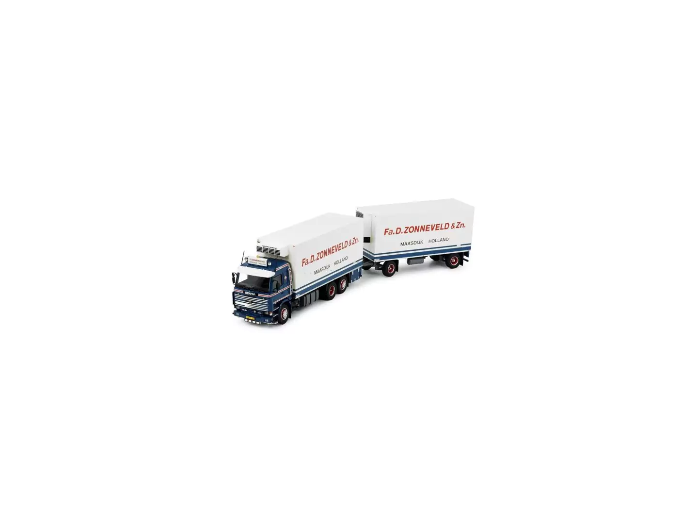 Marketplace : SCANIA 143 porteur 6x2 porteur frigo avec remorque 1+1 essieux D.ZONNEVELD - Tekno - 1:50