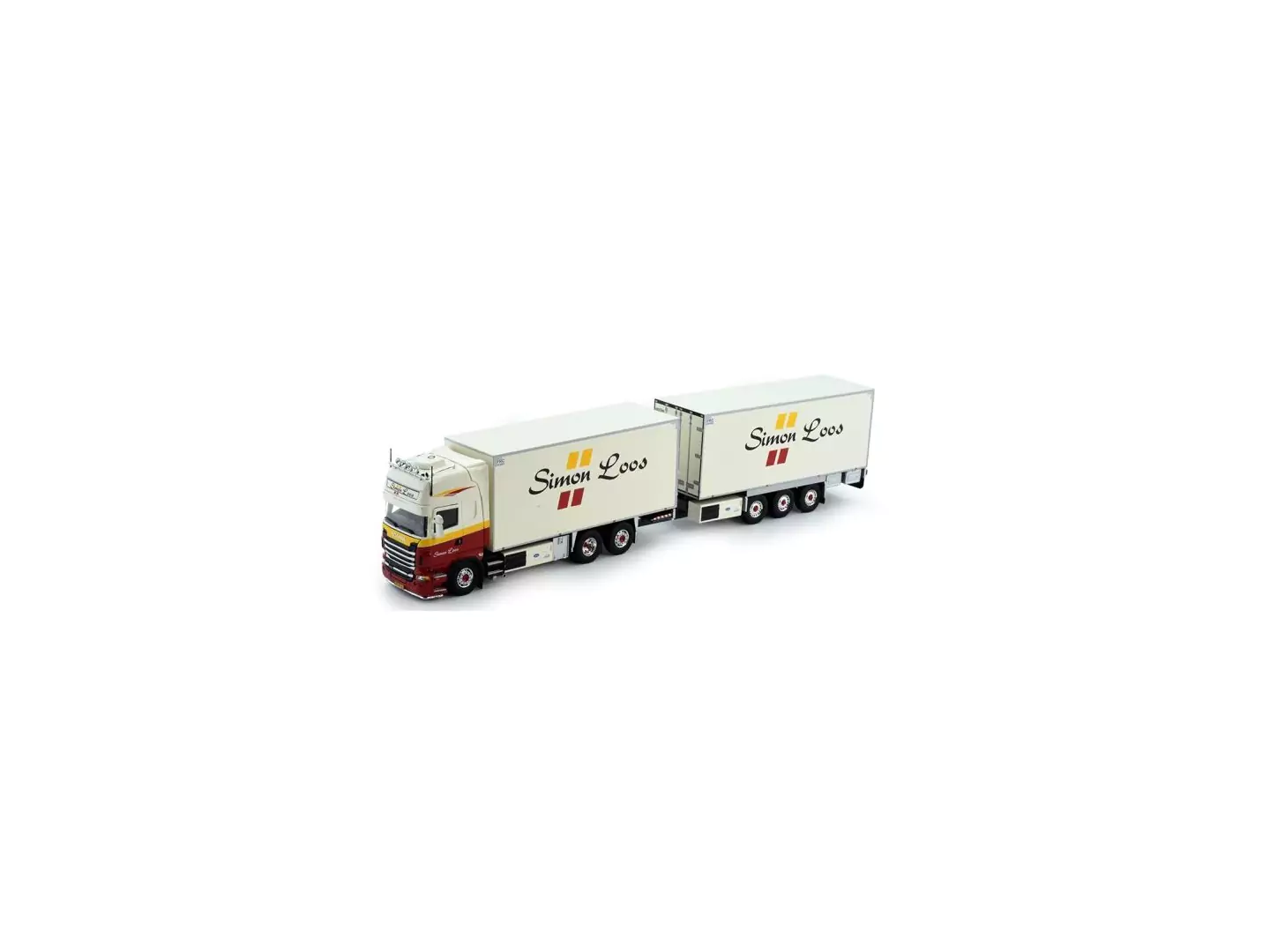 Marketplace : SCANIA R730 V8 Topline porteur 6x2 avec remorque 3 Essieux SIMON LOOS - Tekno - 1:50