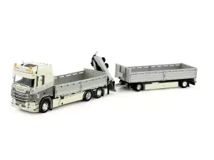Marketplace : SCANIA Next génération R650-V8 6x2 porteur avec grue et remorque 1+1 Essieux VOGEL KRAN Transport - Tekno - 1:50