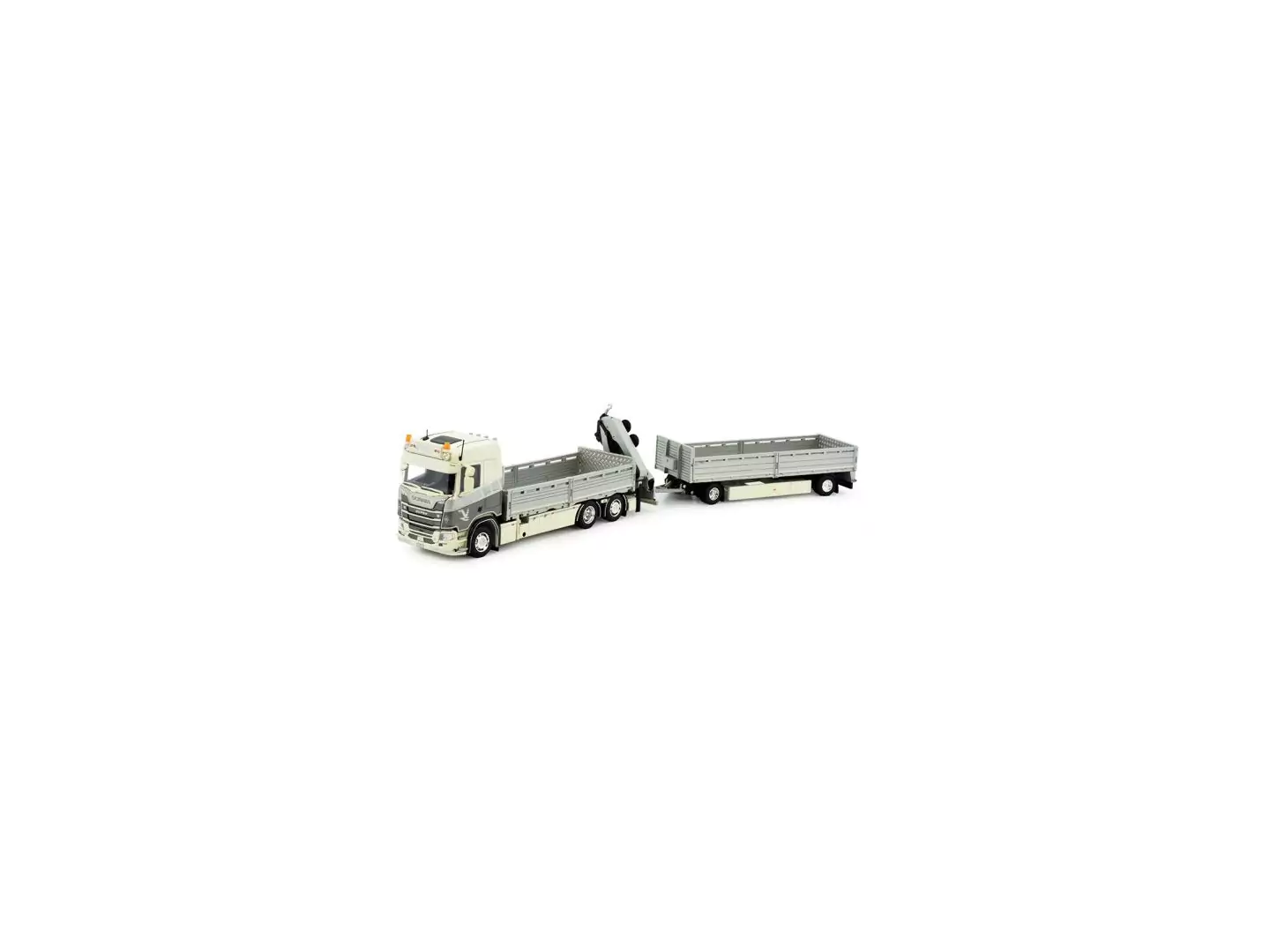 Marketplace : SCANIA Next génération R650-V8 6x2 porteur avec grue et remorque 1+1 Essieux VOGEL KRAN Transport - Tekno - 1:50