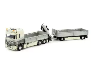 Marketplace : SCANIA Next génération R650-V8 6x2 porteur avec grue et remorque 1+1 Essieux VOGEL KRAN Transport - Tekno - 1:50