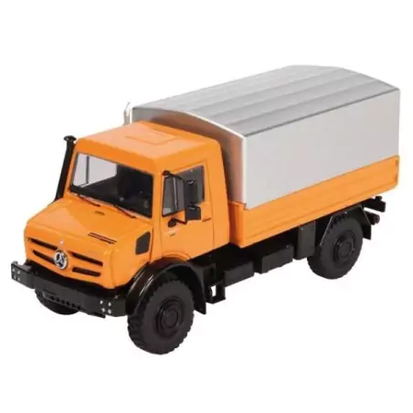 Marketplace : MERCEDES UNIMOG U5000 orange plateau bâché - NZG - 1:50